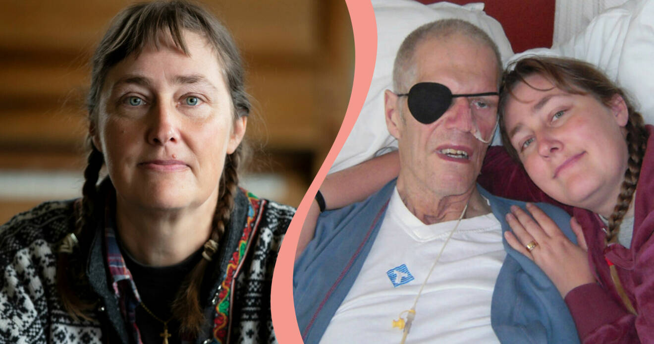 Till vänster: Porträtt av Alexandra Gelland som berättar hur hon förlorade sin man i cancer. Till höger: Privatbild på Alexandra Gelland med maken Jöran som ligger sjuk i en säng.