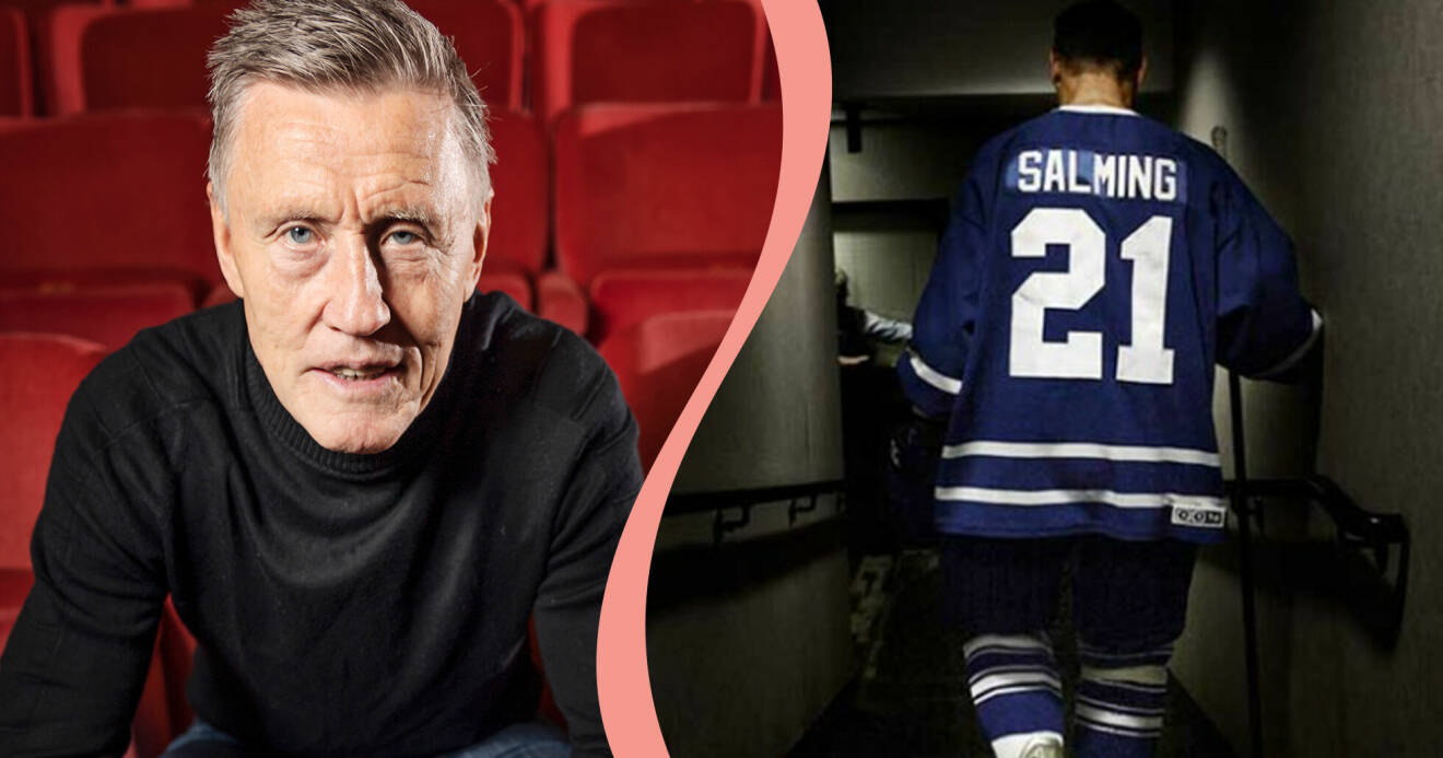 Till vänster: Porträtt av hockeylegendaren Börje Salming som dog i ALS den 24 november 2022. Till höger: Ryggen på hockeyspelare med nummer 21 och texten Salming.