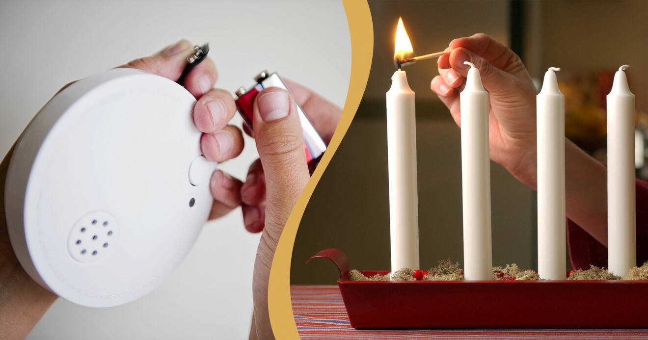 Till vänster en bild på en hand som håller i en brandvarnare och ett batteri. Bild på en röd adventsljusstake. En hand som håller i en tändsticksask och en tänd tändsticka för att tända första ljuset.