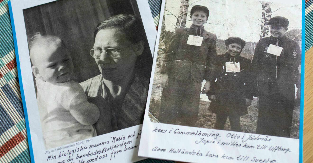 Bild på två gamla svartvita. fotografier på Jopies mamma och två pojkar.