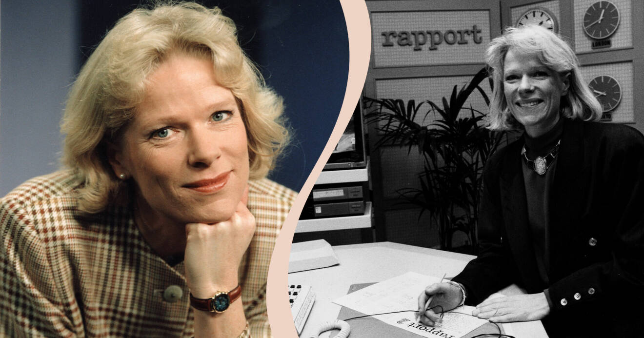 Till vänster: Porträttbild på Ulla-Carin Lindquist från 1991. Till höger: svartvit bild på Ulla-Carin Lindquist i Rapport-studion.