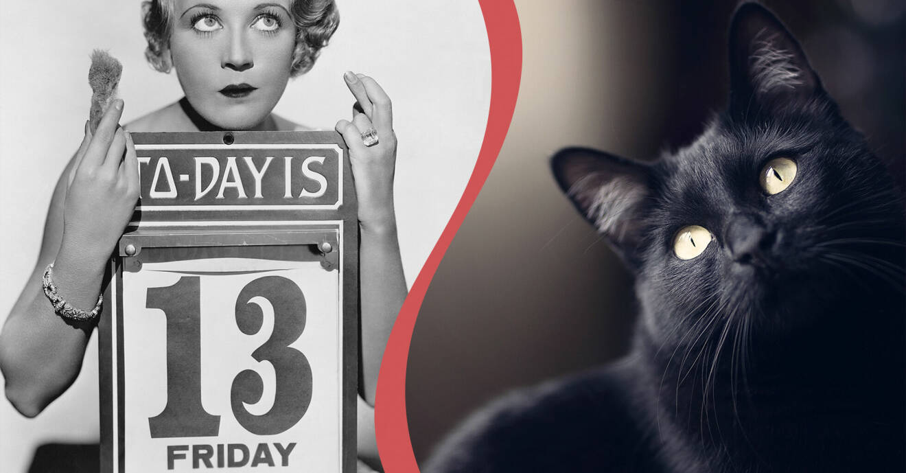Till vänster: En kvinna från 30-talet håller upp en skylt där det står 13 Friday. Till höger: en svart katt.