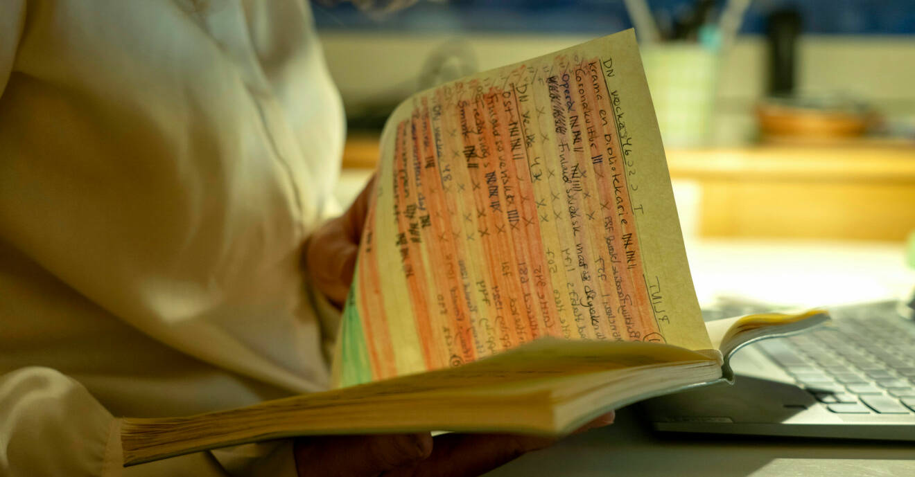 En person håller i en anteckningsbok med färgglada anteckningar.