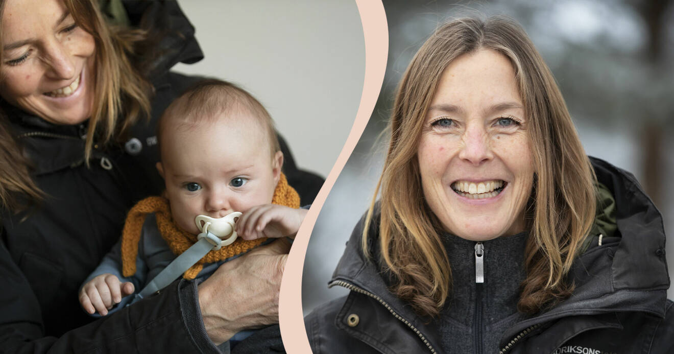 Till vänster: Elitidrottaren Lena Gavelin tillsammans med sin bebis son. Till höger: Porträtt på Lena Gavelin, hon hittar in i kameran och ler.