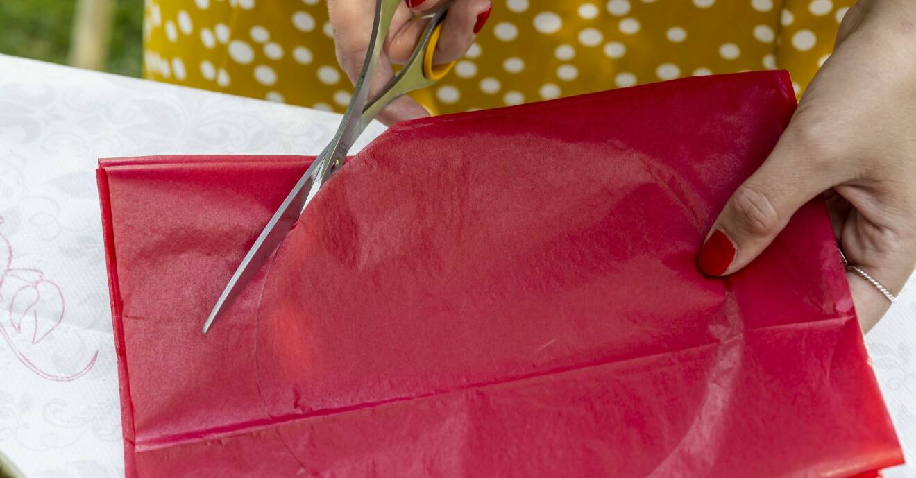 En kvinna klipper i rött silkespapper