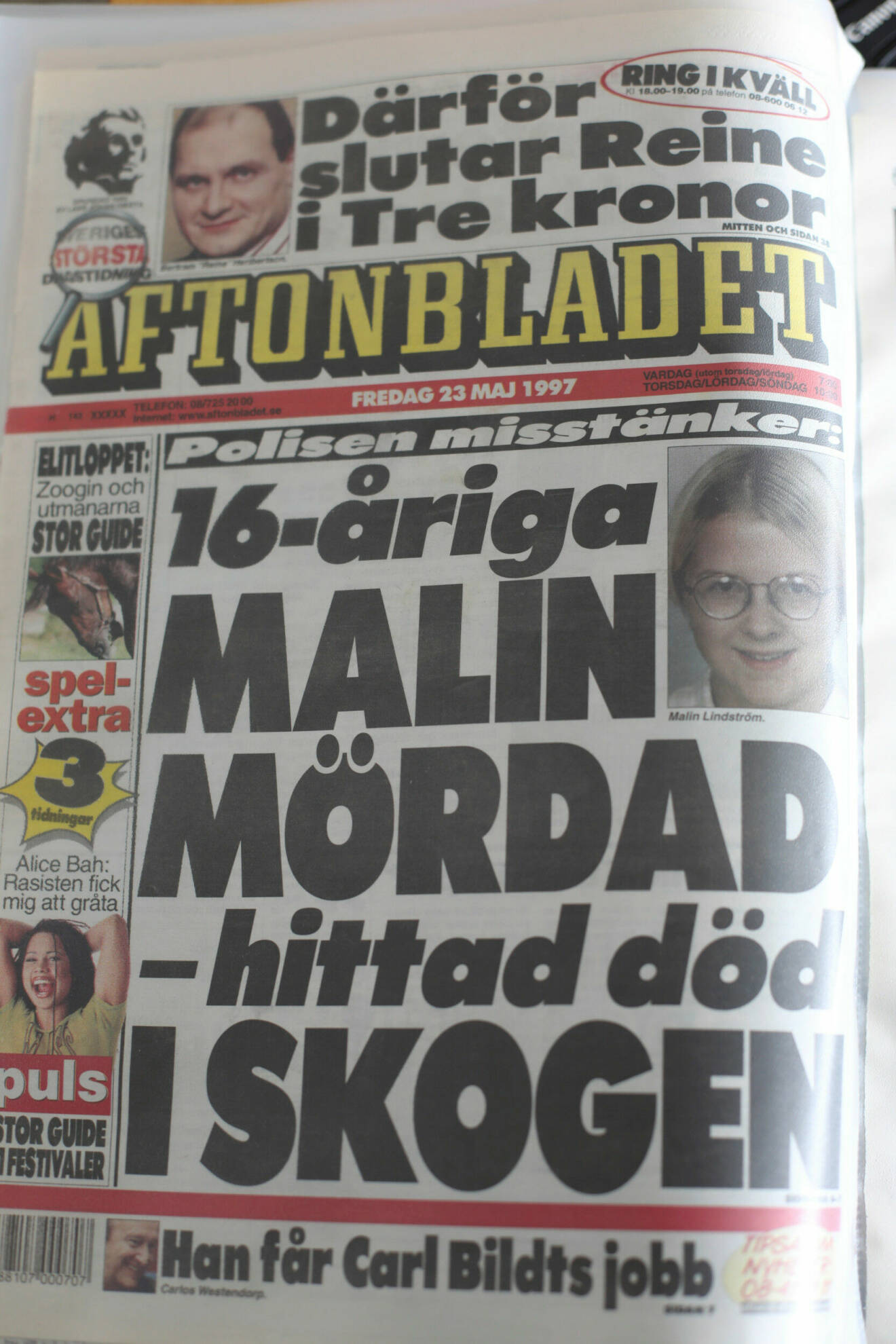 Omslag Aftonbladet om 16 åriga malin mördad.