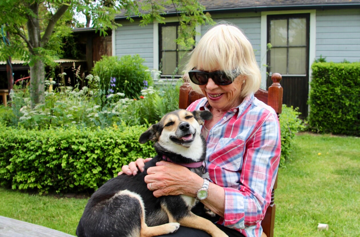 Marianne har genom Christina blivit matte till den före detta gatuhunden Smulan. "Jag frågade om det fanns en äldre hund som suttit länge. Jag ömmar för dom svagaste." Äldre kvinna sitter i trädgård med en liten hund i famnen, båda verkar avslappnade och glada.