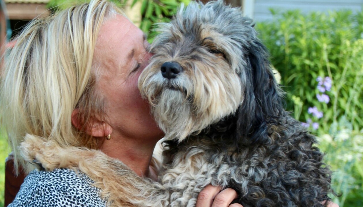 Christina tillsammans med den första hunden hon adopterade, BP, som kommer från gatorna i Spanien. Christina gosar in ansiktet i en grå lurvig hund som verkar njuta.