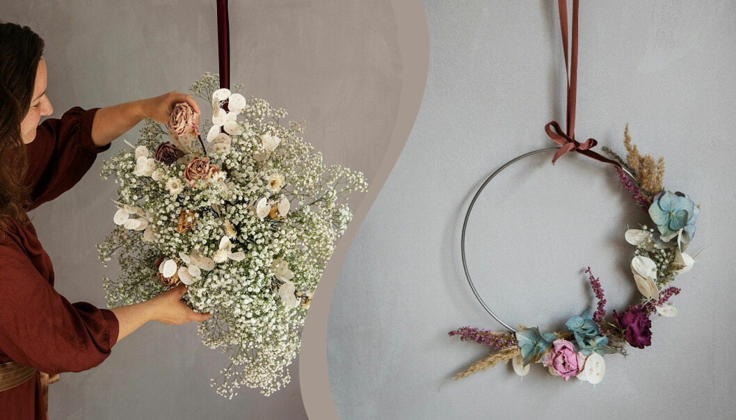 Två olika hängande arrangemang med torkade blommor.