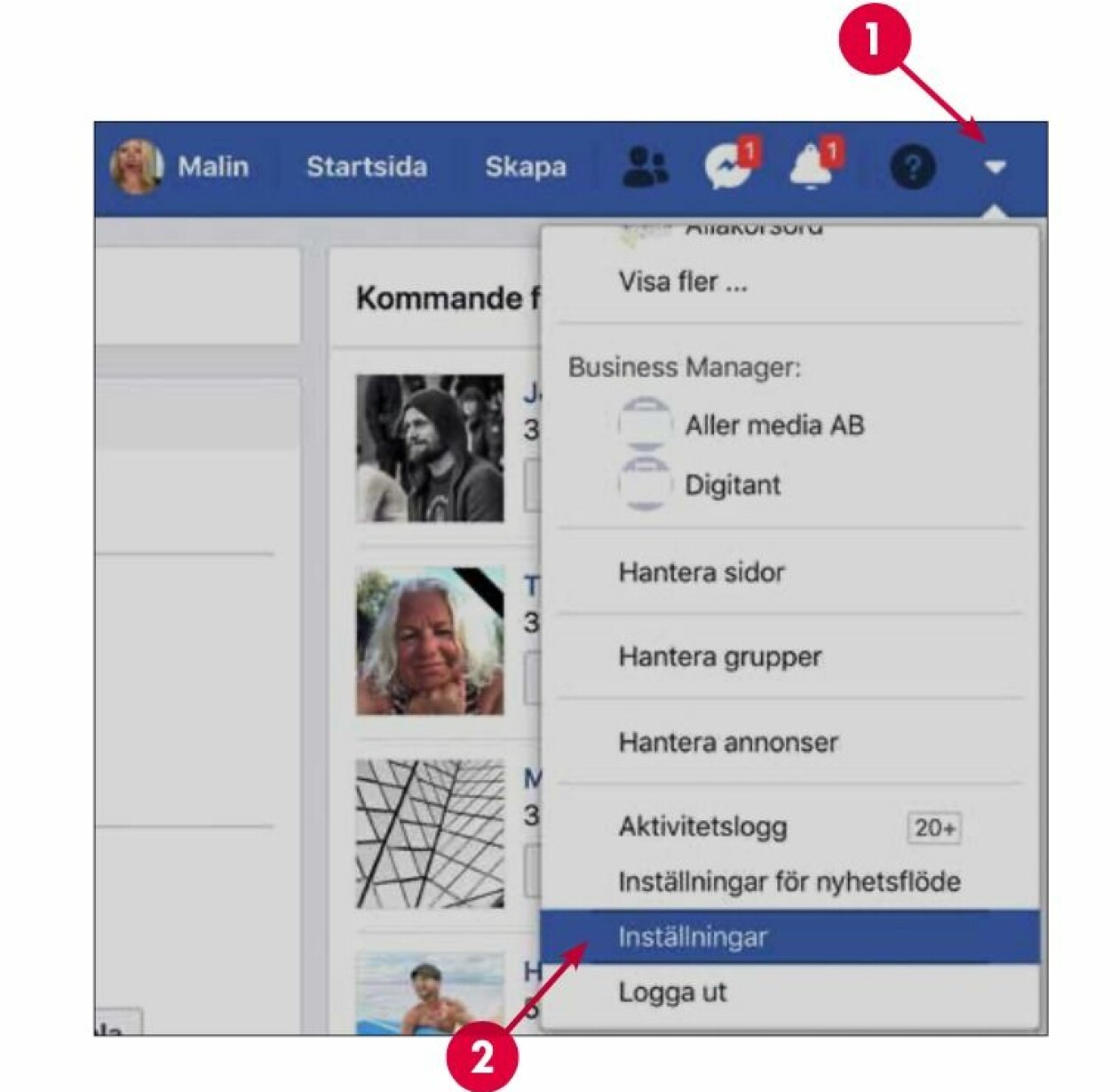 Inställningar på Facebook.