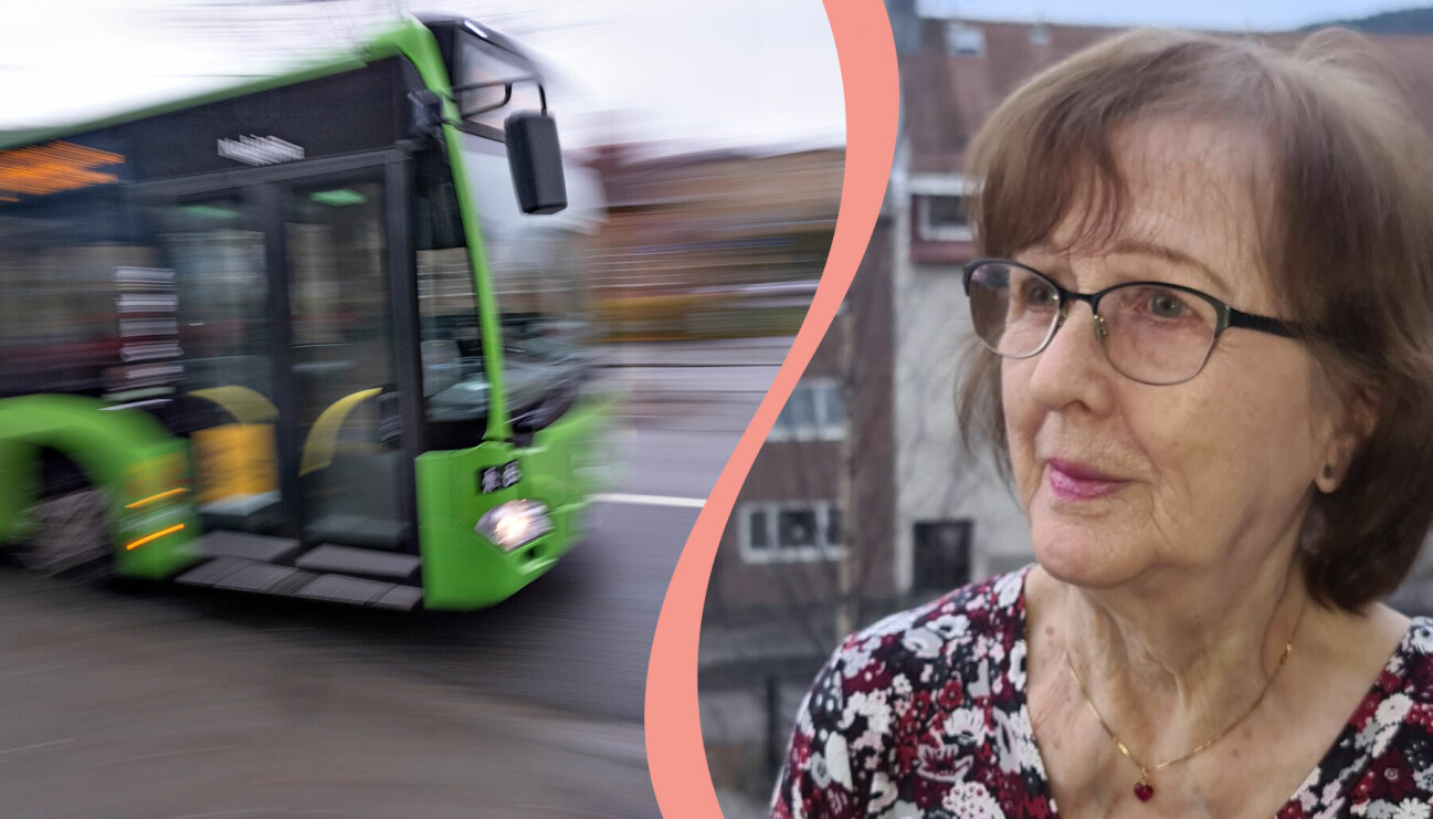 Till vänster, en stadsbuss, till höger, Irene Hedberg, 85 år.