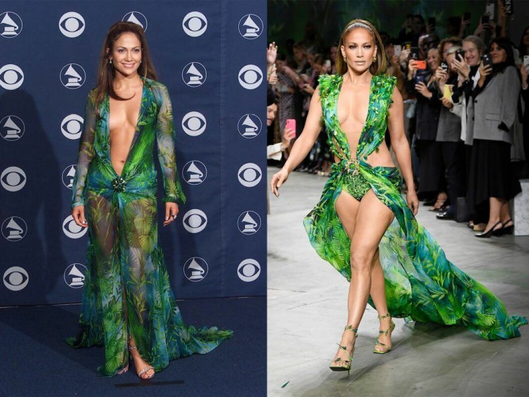 Jennifer Lopez, Grammy Awards 2000. Jennifer Lopez Versace SS visning 2019 Jennifer Lopez i samma gröna klänning med 20 år emellan.
