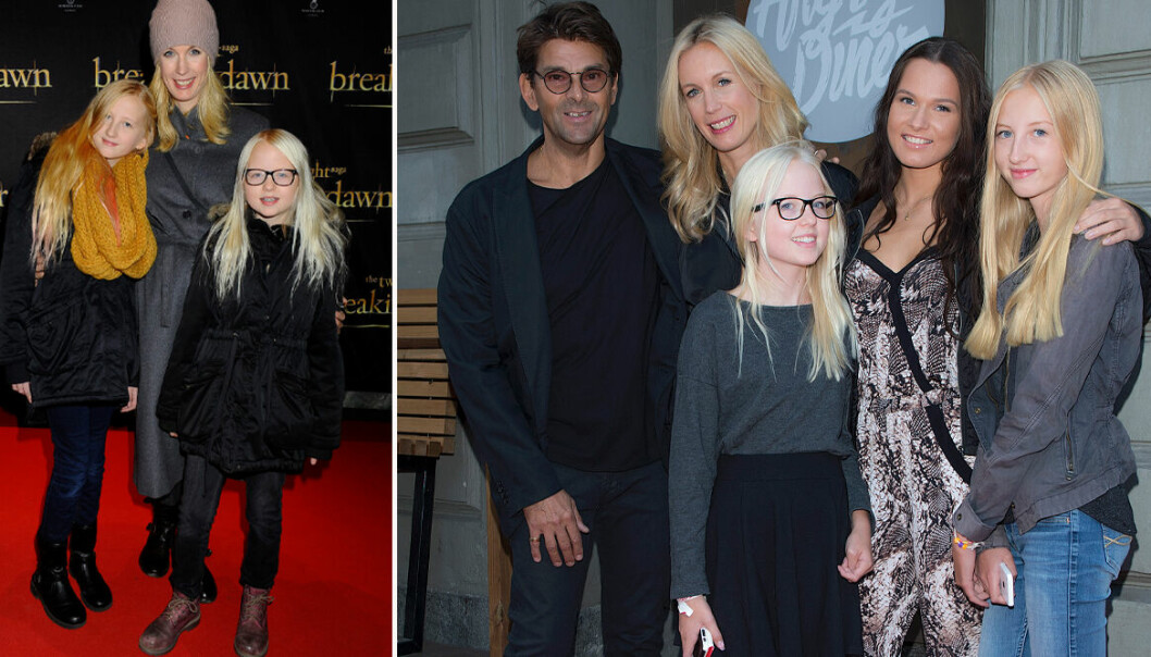 Till vänster: Mika, Jenny och Kitty år 2012. Till höger: Niklas Strömstedt, Jenny Strömstedt, Kitty, Maja och Mika år 2014.