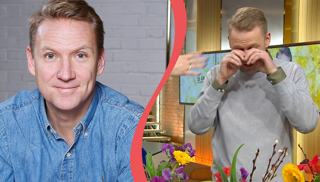 Jesper Börjesson gråter under sin sista dag på Nyhetsmorgon i TV4.