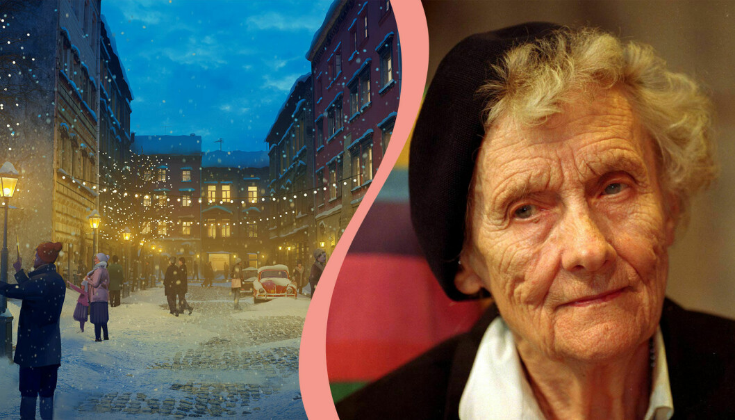 Delad bild. Till vänster en bild på en animerad gata som är julpyntad med ljus och snö. Till höger en porträttbild på Astrid Lindgren, iklädd basker.