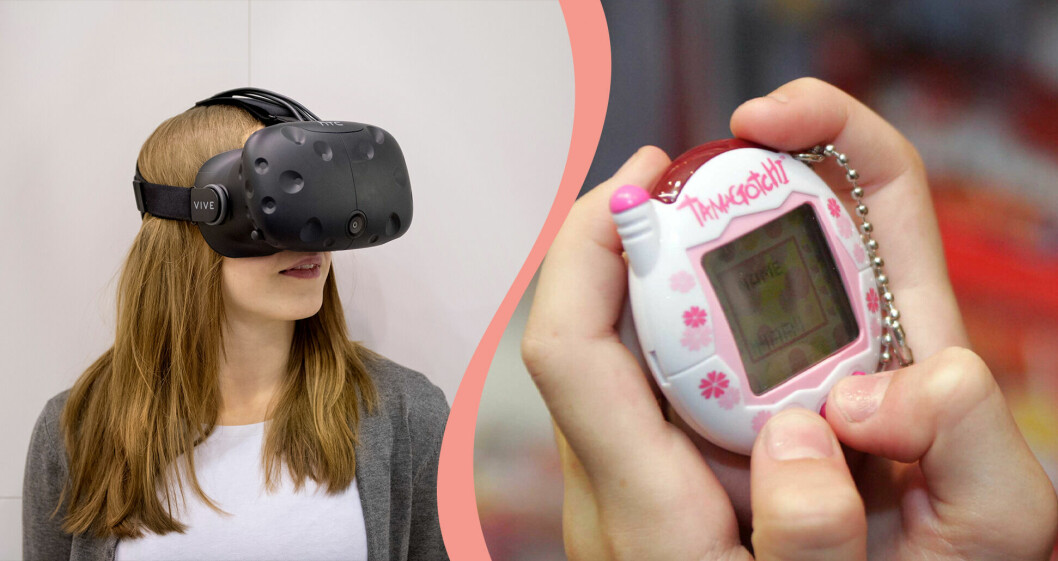 En tvådelad bild på en tjej med VR-glasögon till vänster i bilden och närbild på händer som håller i en tamagotchi till höger i bilden.