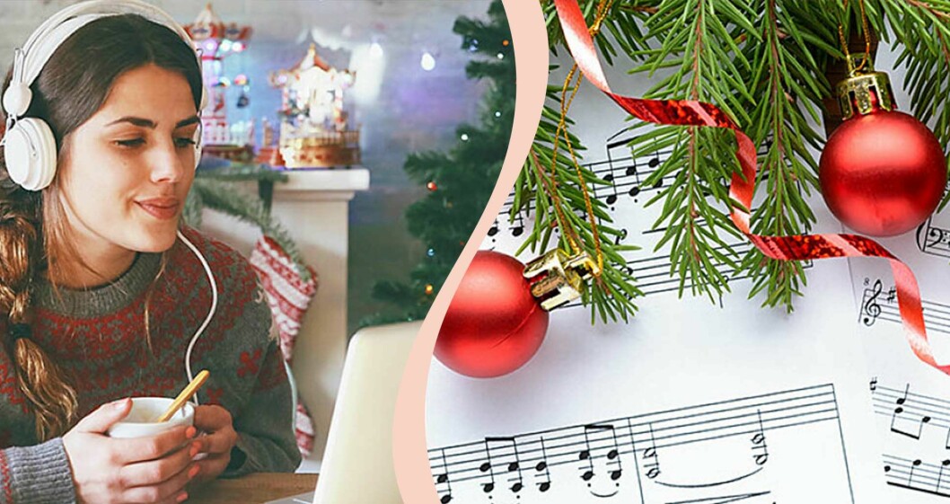 Tjej som lyssnar på julmusik.