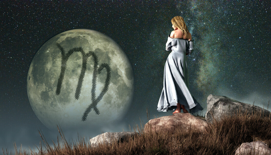 En illustration av stjärntecknet jungfrun med en himlakropp med tecknet för jungfrun i bakgrunden.