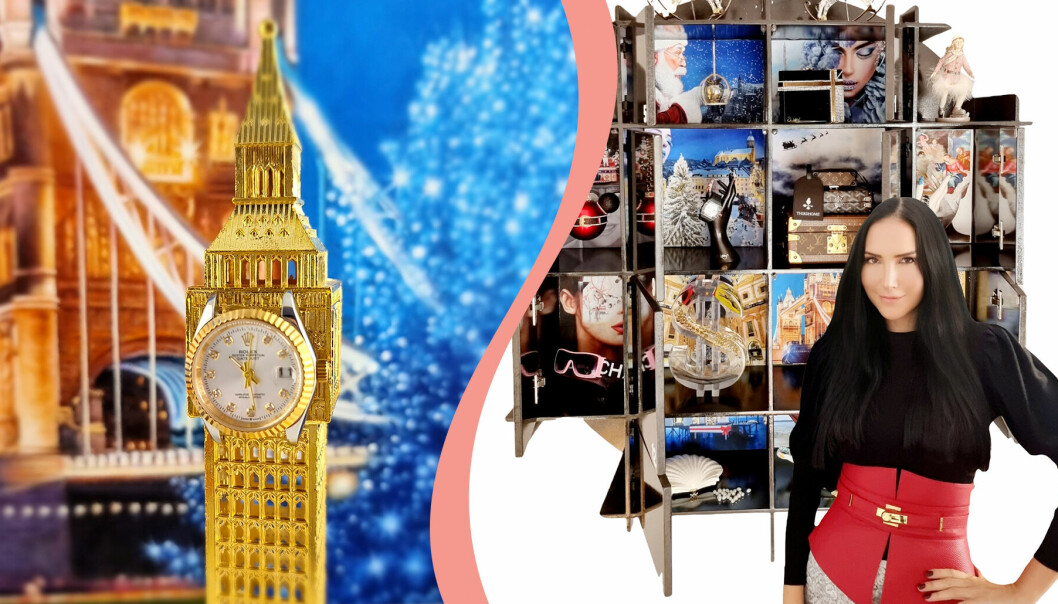 Till vänster, Big Ben i form av en Rolex-klocka, till höger, brittiska designern Debbie Wingham vid julkalendern som hon gjort för en schweizisk familj.