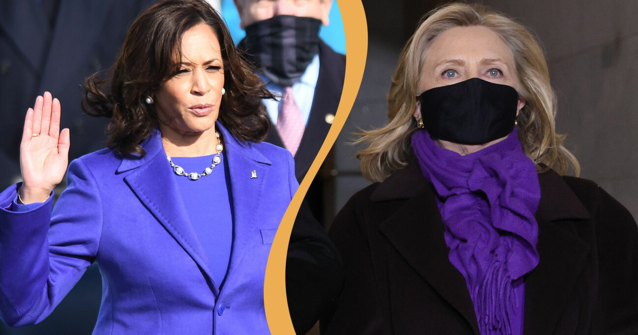 Kamala Harris svors in som USA:s vicepresident och Hillary Clinton såg på – båda hade olika nyanser av lila på sig.
