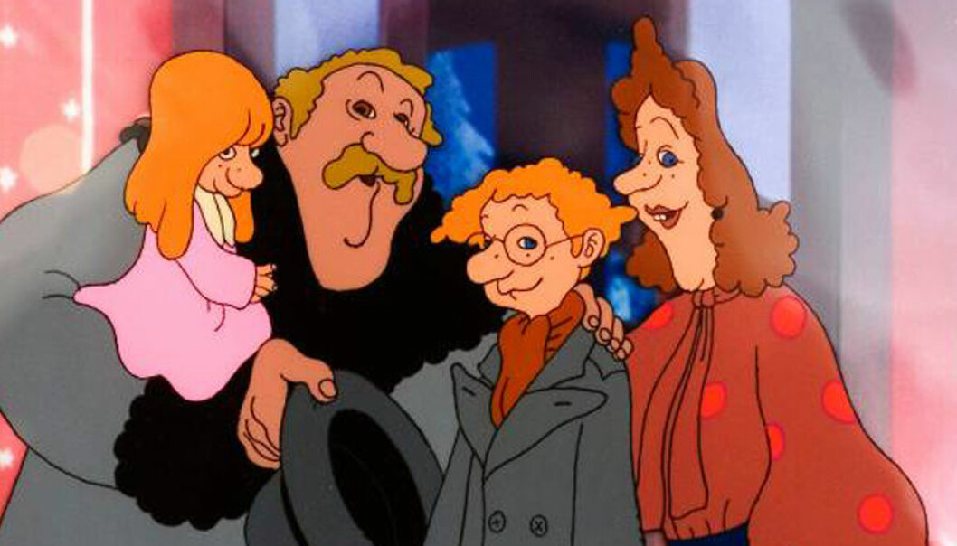 Karl-Bertil Jonsson tillsammans med sina föräldrar och lillasyster i den tecknade kortfilmen som SVT visar varje julafton.