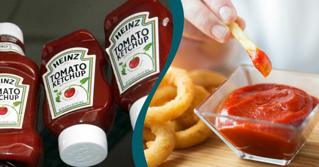 Till vänster: Ketchupflaskor från Heinz. Till höger: Kvinna doppar ett pommesfrites i ketchup.