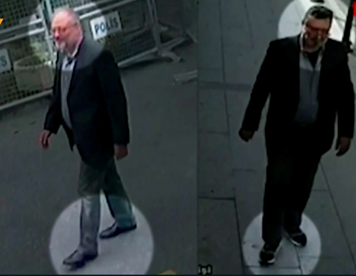Före och efter. Jamal Khashoggi på övervakningsbilder när han går in på konsulatet. Senare går en annan man ut i liknande kläder. Jamal Khashoggi på övervakningsbilder från Istanbul