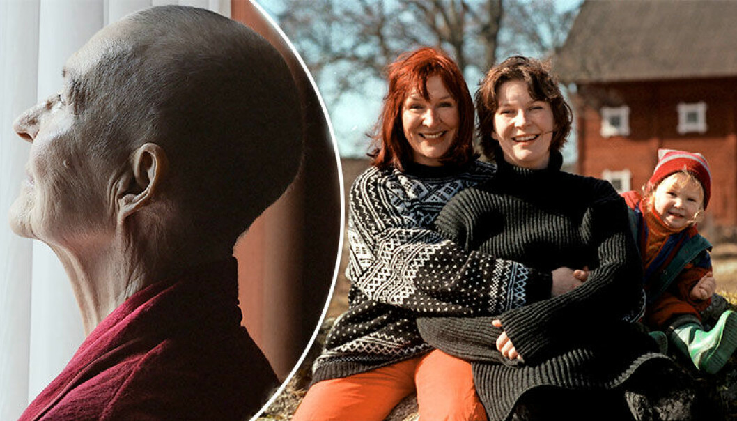 Till vänster, Kim Anderzon utan hår, till höger Kim Anderzon med dottern Tintin och barnbarnet, bild tagen 1995