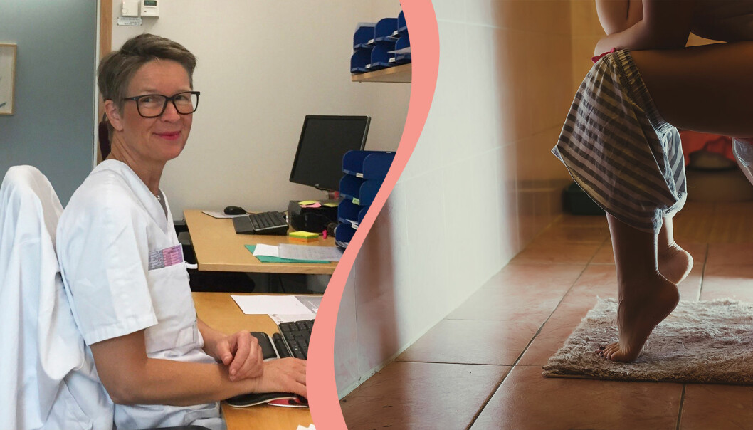 Till vänster, Anna Martinson, uroterapeut på Urologen vid Sahlgrenska Universitetssjukhuset i Göteborg, till höger en kvinna på toaletten
