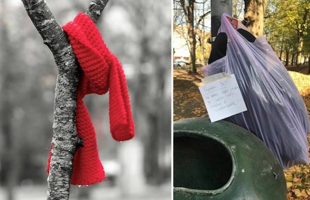 Bilden till höger är från Kungsgatan i Malmö: ”Fryser du? Ta den här påsen med jacka, tröja, sockar och underställ!” Senaste snälla trenden innebär att man hänger varma kläder på ett träd eller en stolpe för folk att ta vid behov.