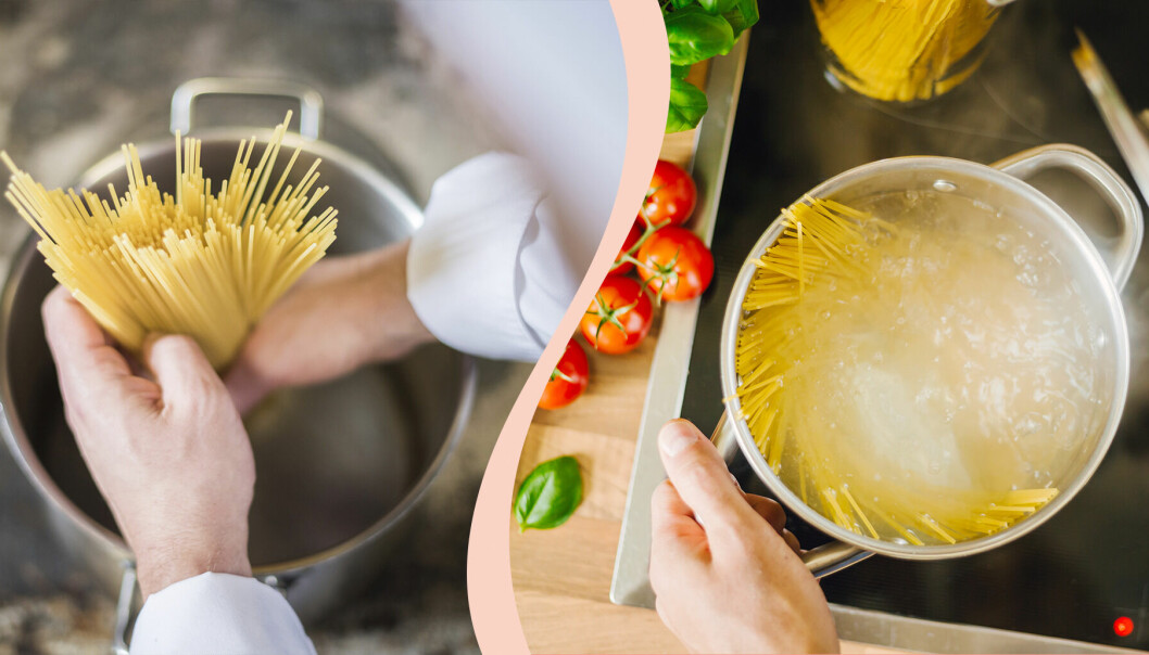 Till vänster, en kock lägger spagetti i en kastrull, till höger, kokande pasta.