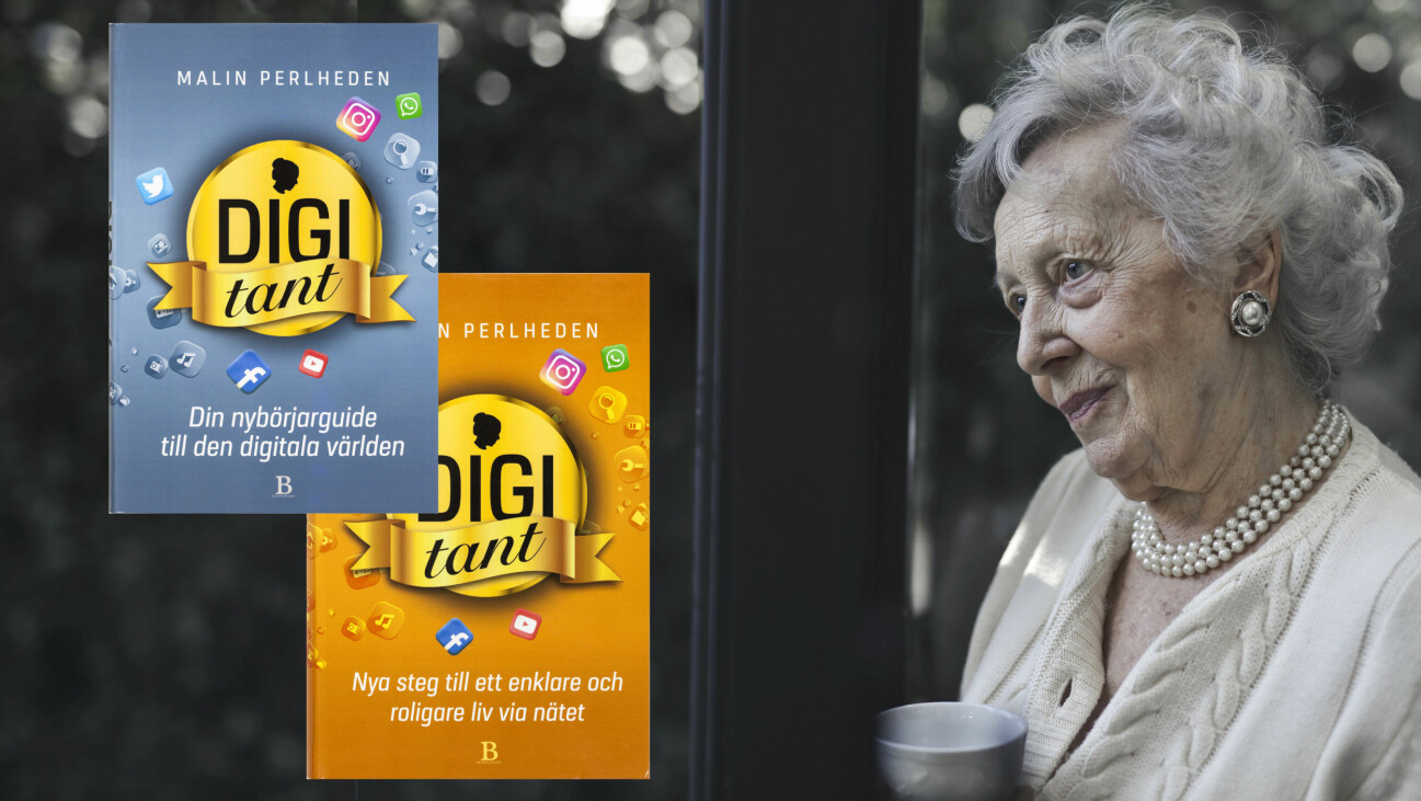 Kollage av äldre ensam kvinna med en kaffekopp i handen och omslagen till Malin Perlhedens Digitant-böcker.