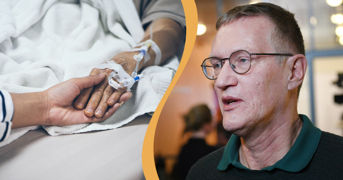 Kollage av Anders Tegnell och en äldre persons hand i sjuksäng.