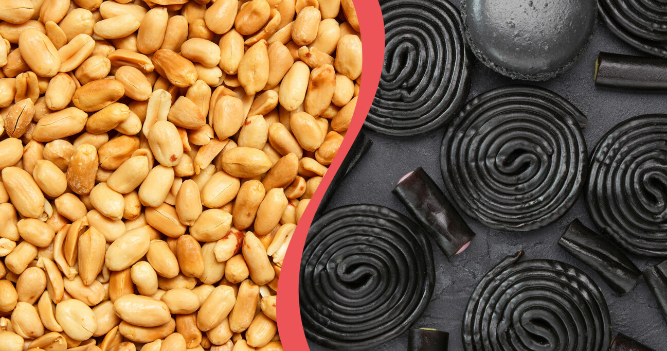 Kollage av jordnötter och lakrits – mat som enligt en ny studie kan förebygga åldrande.