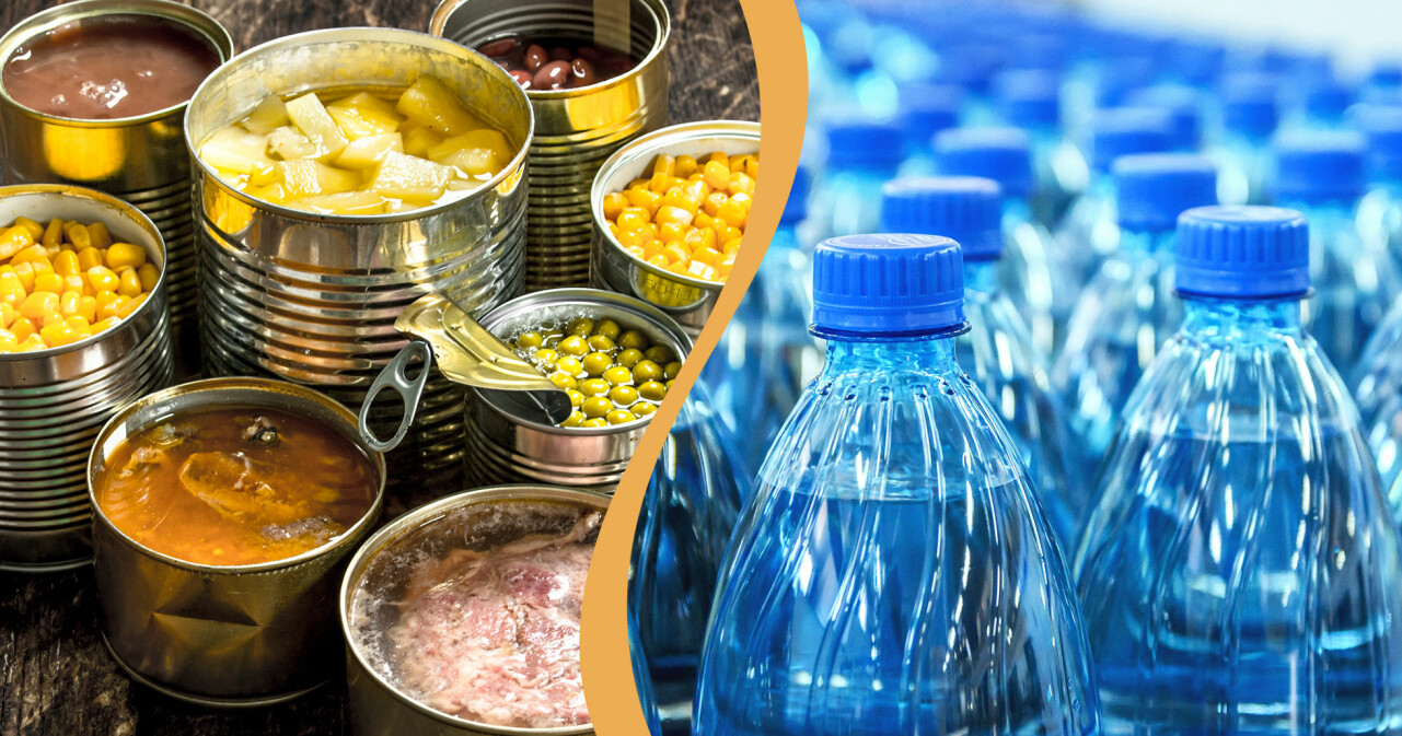 Kollage av konserver och vattenflaskor – som båda är bra att ha hemma vid en kris.