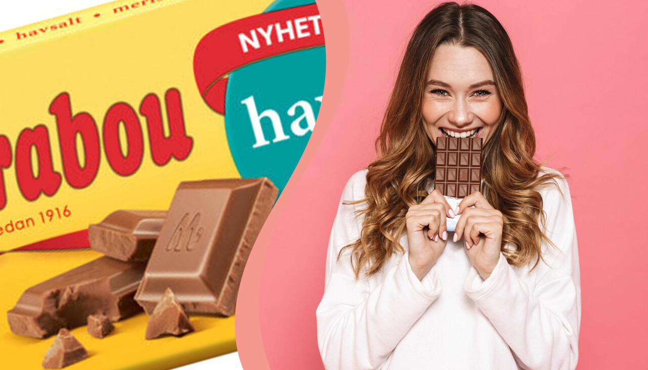 Kollage av Marabous nya smak 2020 och kvinna som äter choklad