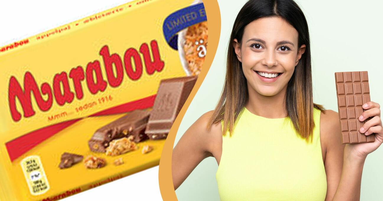 Kollage av Marabous nya smak och kvinna som håller en chokladkaka i handen.
