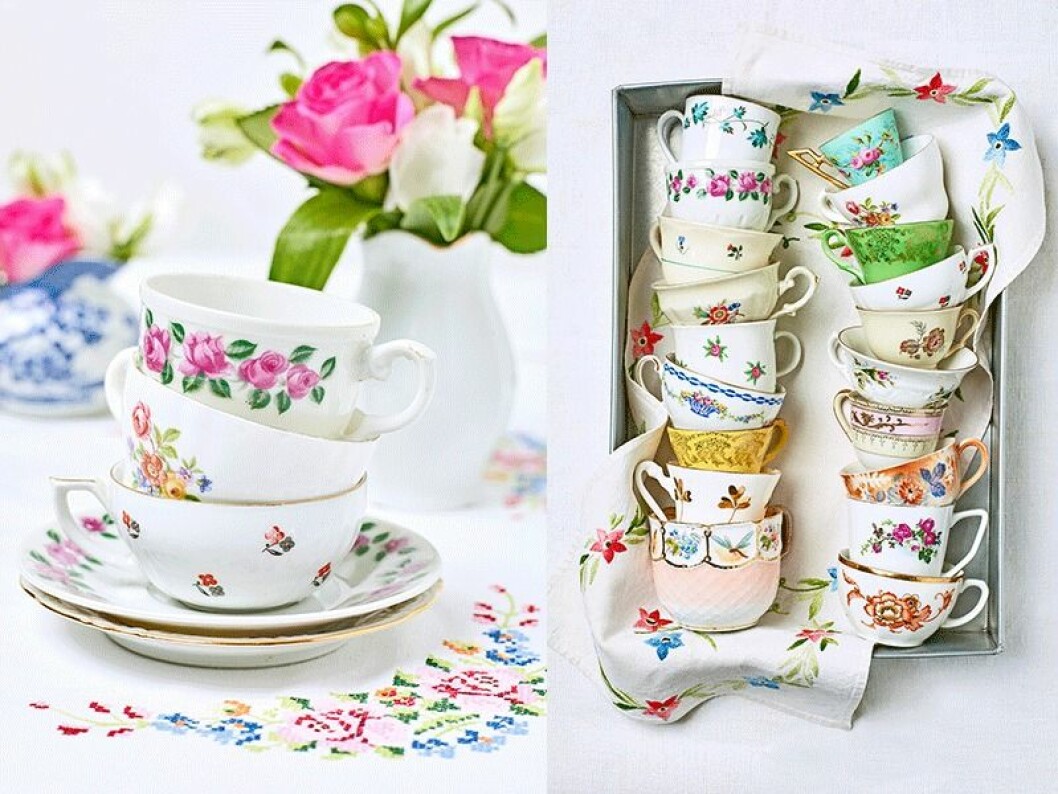 Finns det något ljuvligare än att dricka kaffe ur rosenmönstrade koppar? De gamla kafekopparna är dekorerade med en oändlig mängd mönster i olika färger. Nästan alltid finns blommor och blad med i sammanhanget. Många mönster ritades av konstnärer som Louise Adelborg, Einar Forseth och Edward Hald. Antika tekoppar med blandade mönster