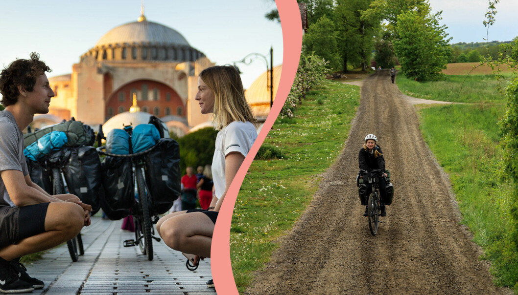 Delad bild. Till vänster Robin Lyne och Kornelia Thörn under en av sina långfärdscykelresor runt om i världen. Till höger syns Kornelia Thörn cykla på Österlen.