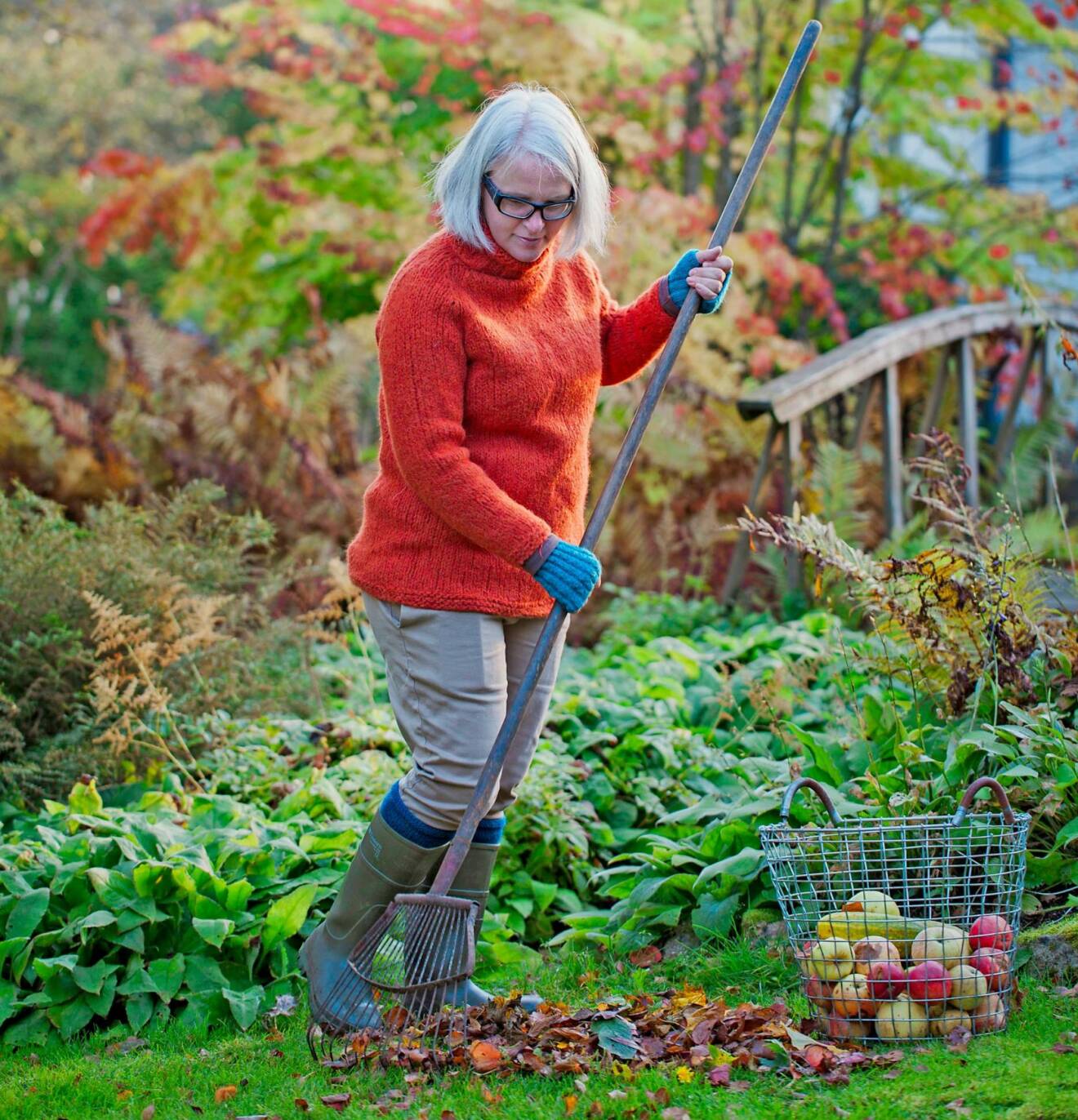 Kristina Olsson städar varsamt i trädgården på hösten.