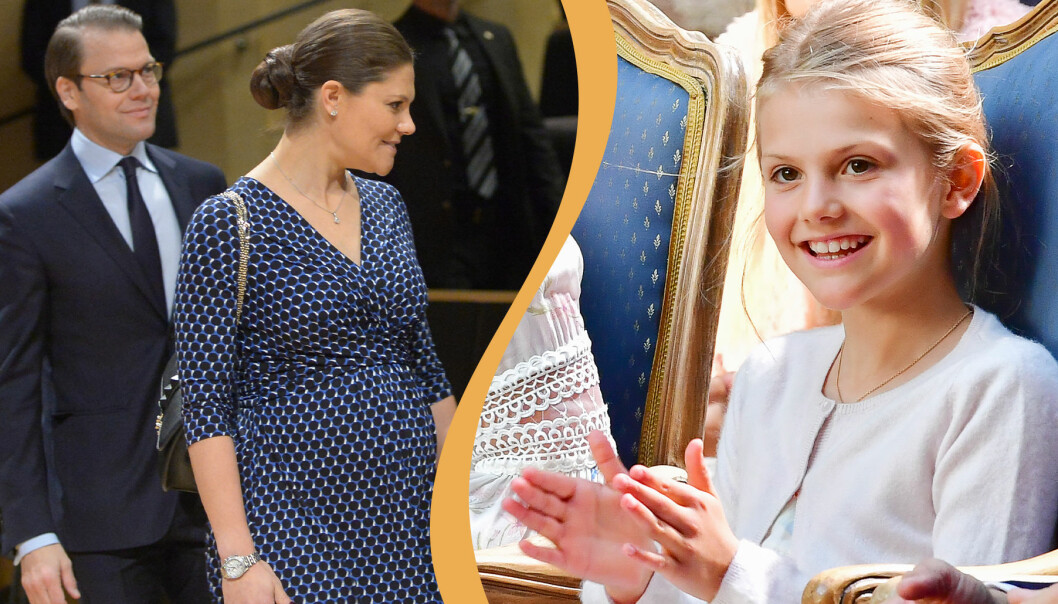 Kronprinsessan Victoria och prins Daniel 2015 när Victoria var gravid med prins Oscar. Prinsessan Estelle på Victoriadagen 2020.