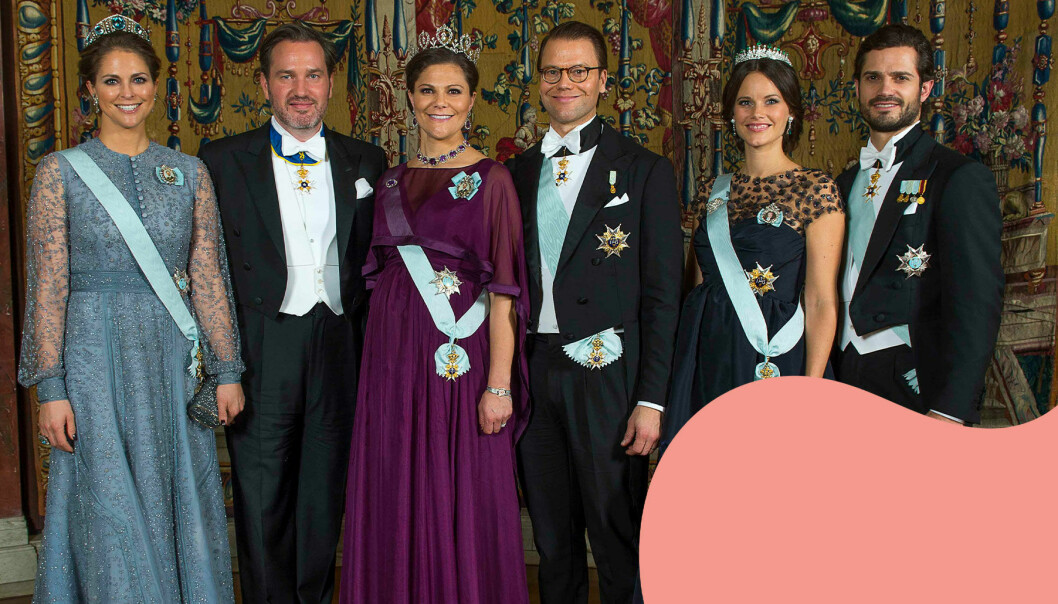 Prinsessan Madeleine, Chris O'Neill, kronprinsessan Victoria, prins Daniel, prinsessan Sofia och prins Carl Philip på Nobelfesten 2015.