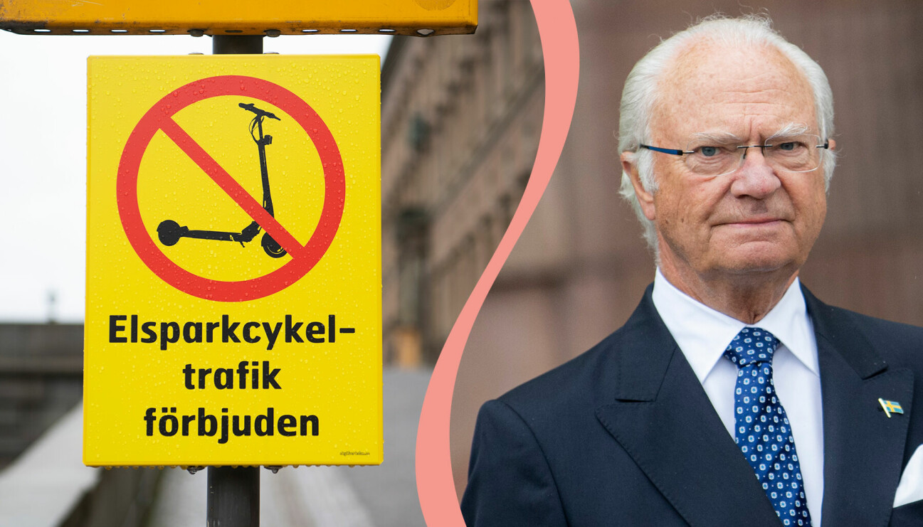 Till vänster, förbudet mot elsparkcyklar som nu finns vid Lejonbacken, till höger Carl XVI Gustaf, kung av Sverige.