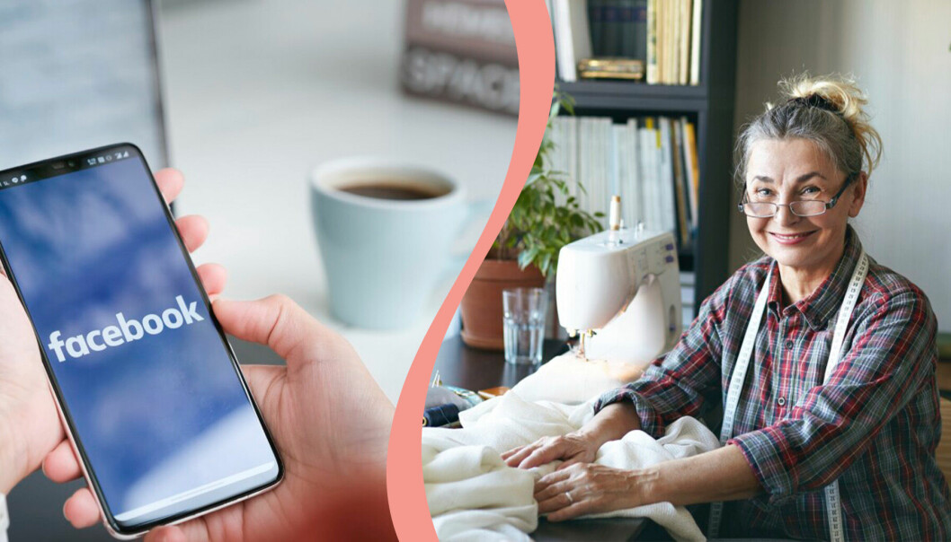 På vänster bild: Person håller i en telefon med Facebook öppet. På höger bild: Kvinna som syr.
