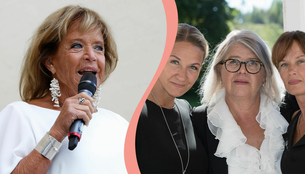 Delad bild. Till vänster en bild på Barbro Lill-Babs Svensson som deltar i ett evenemang 2017. Till höger hennes döttrar Kristin Kaspersen, Monica Svensson och Malin Berghagen på en bild tagen under Lill-Babs begravning 2018.