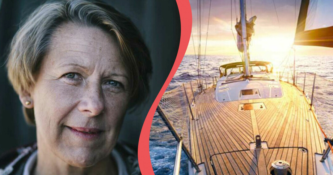 Till vänster: Porträtt av författaren Lotta Lundberg som bestämde sig för att segla över Atlanden. Till höger: En segelbåt i vackert solljus.