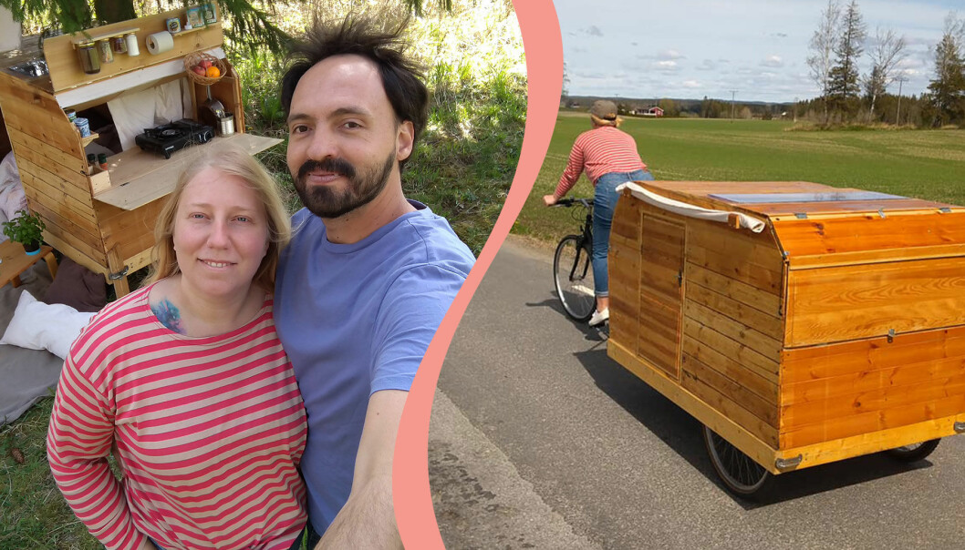 Louise Tellmo och Mario Andrade med sin hemmabyggda cykelhusvagn.