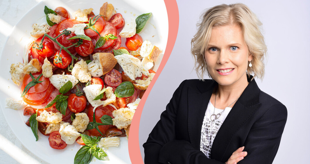 Bild på tallrik med sallad, till vänster, och måltidsforskaren Mia Prime, till höger.