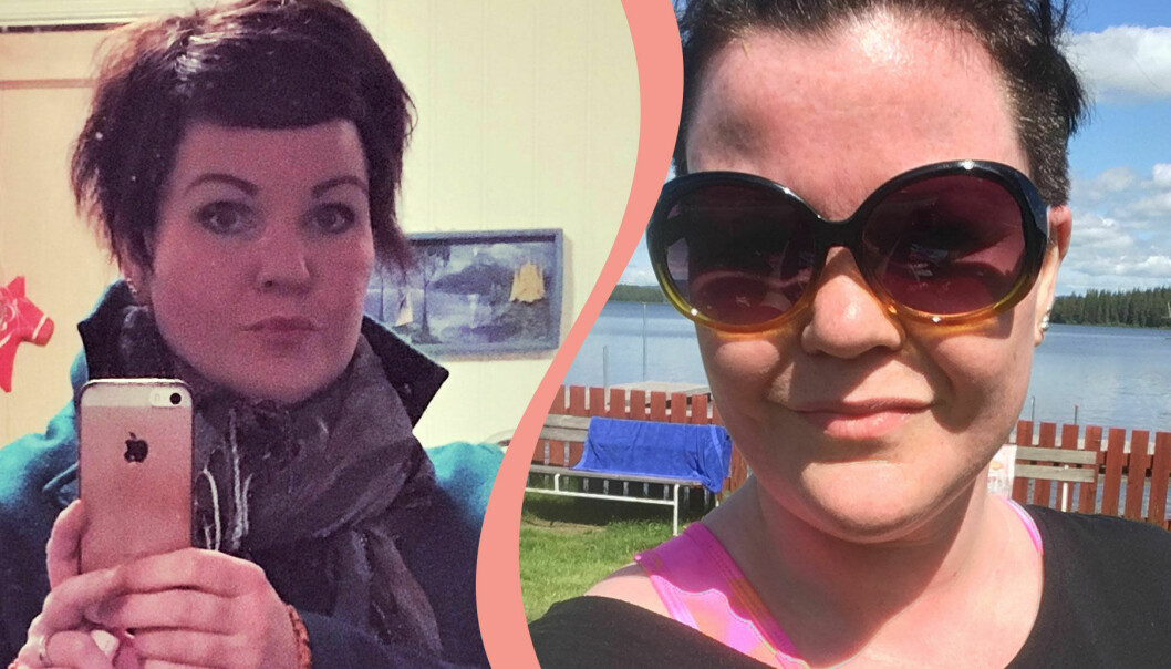 Delad bild. Till vänster en selfie på Madelene Lövstrand som lider av endometrios. Till höger Madelene efter ett träningspass.