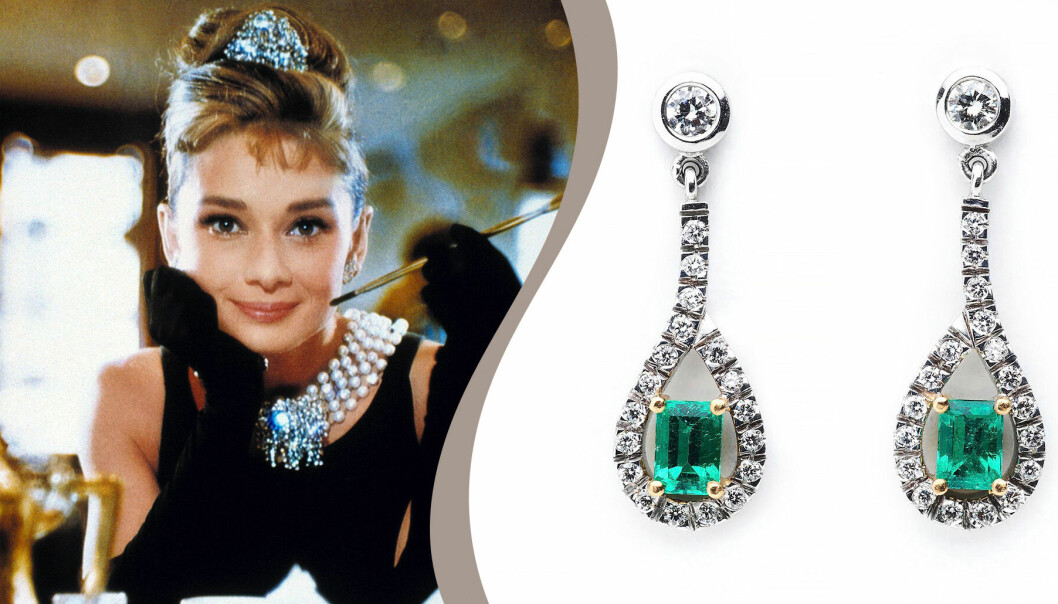 Till vänster: Audrey Hepburn – majbarn. Till höger: Ett par handgjorda örhängen av 18 k vitguld med briljantslipade diamanter och smaragder.
